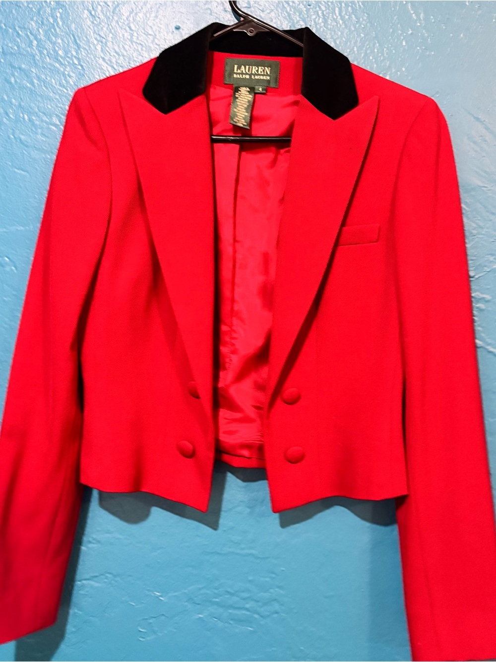 Ralph Lauren Red Cropped Blazer with Black Velvet Collar